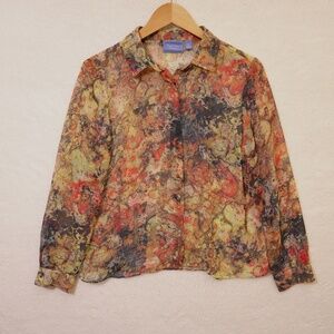Simply Vera Vera Wang Blouse PL Petite Large Abstract Print Sheer Button Front T